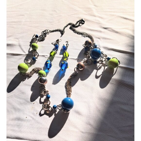 Vintage Green Turquoise Silver Bead Necklace Earrings Jewelry Set Women's Ladies - Picture 1 of 5